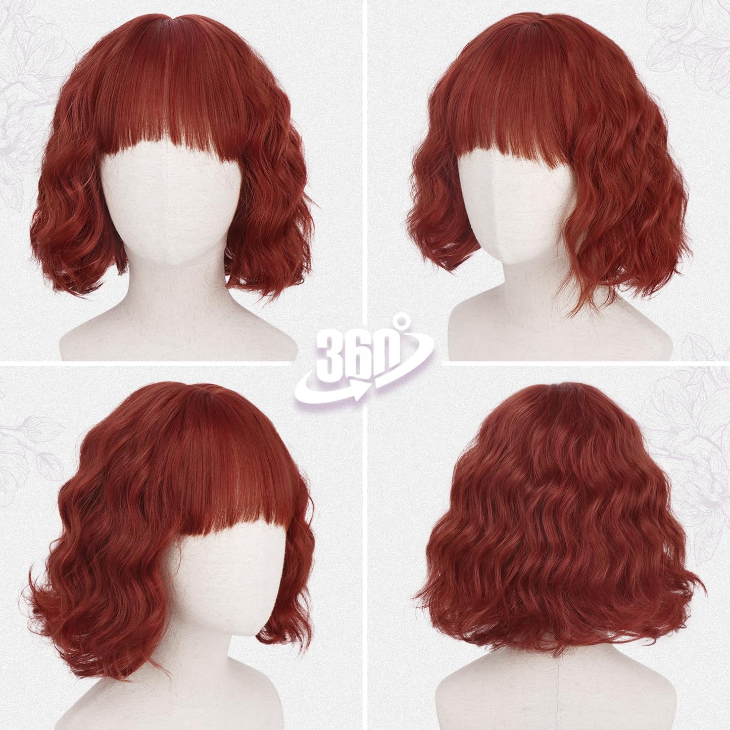 BARSDAR Copper Red Short Wavy Wig with Bangs - Short Copper Red Bob Wigs for Women - Curly Wavy Textured French Bob Wig with Bangs Soft Synthetic Natural Looking Face-Framing Daily