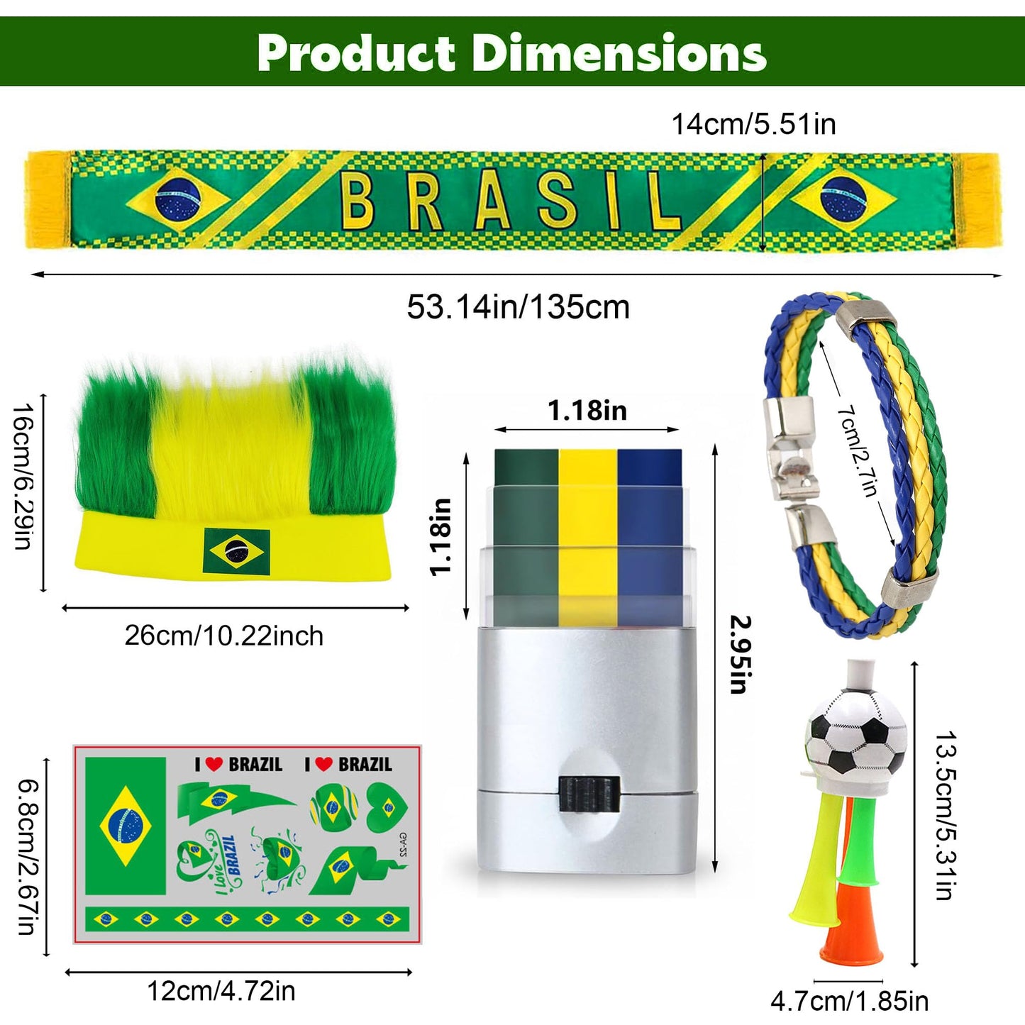 2026 Brazil Fan Kit - Face Paint Sticks, Flag Scarf, Hairy Headband, Wristband, Soccer Horns, Temporary Tattoo for Soccer, Football, Rugby, Baseball, Game Day, Watch Parties & National Celebrations