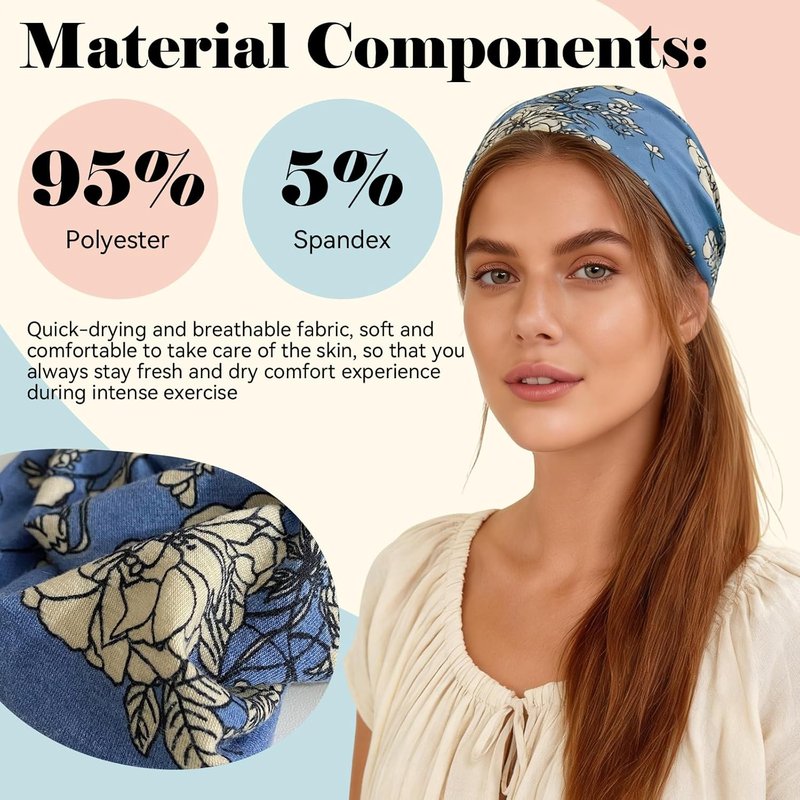 Floral Boho Headbands for Women - 6 Pack Elastic Non-Slip Hairbands | Comfortable Workout & Spa Accessories