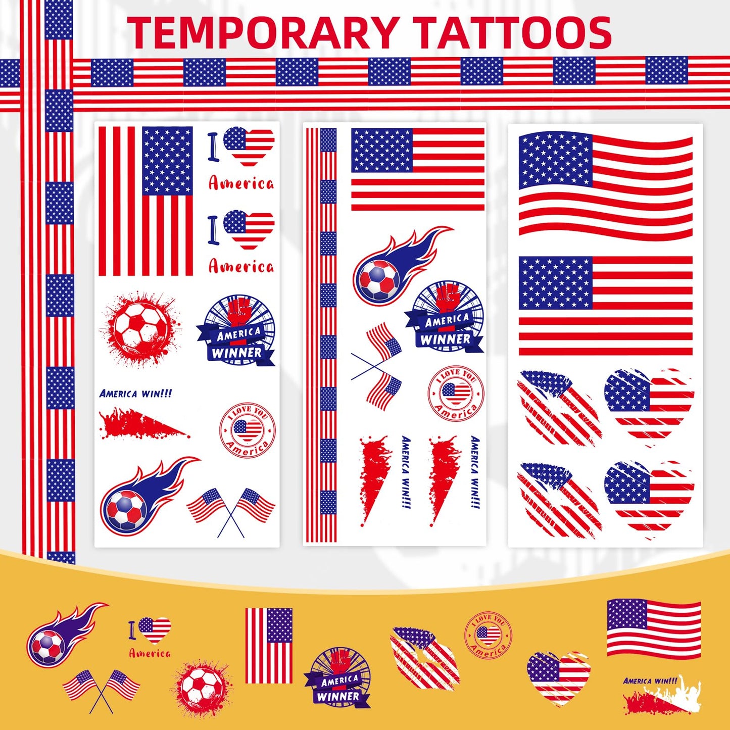 2026 World Cupfor Temporary Tattoos & St Patrick's Day Tattoos, 16PCS 12CM×6CM National Flag Stickers for Fans (United States)
