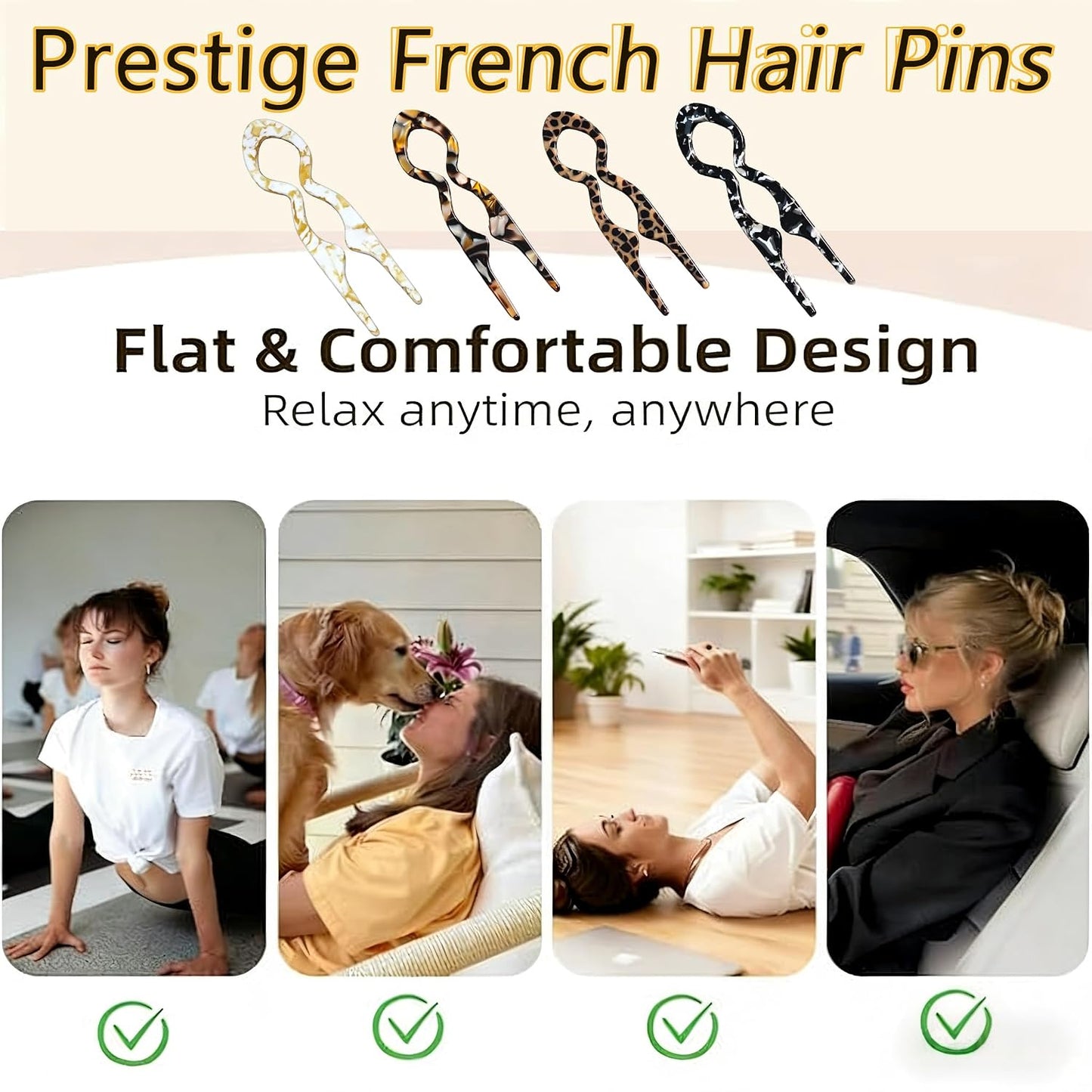 Prestige French Hair Pins - 4 PCS Tortoise Shell Hair Accessories for Updos & Buns | Strong Hold Acetate, 3.73”