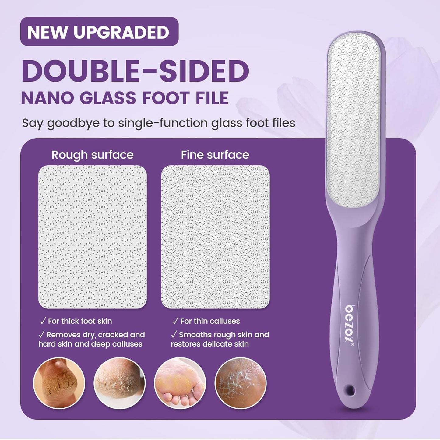 BEZOX Glass Foot File - Callus Remover for Silky Smooth Heels | Professional Pedicure Tool, Washable Foot Scraper - Purple