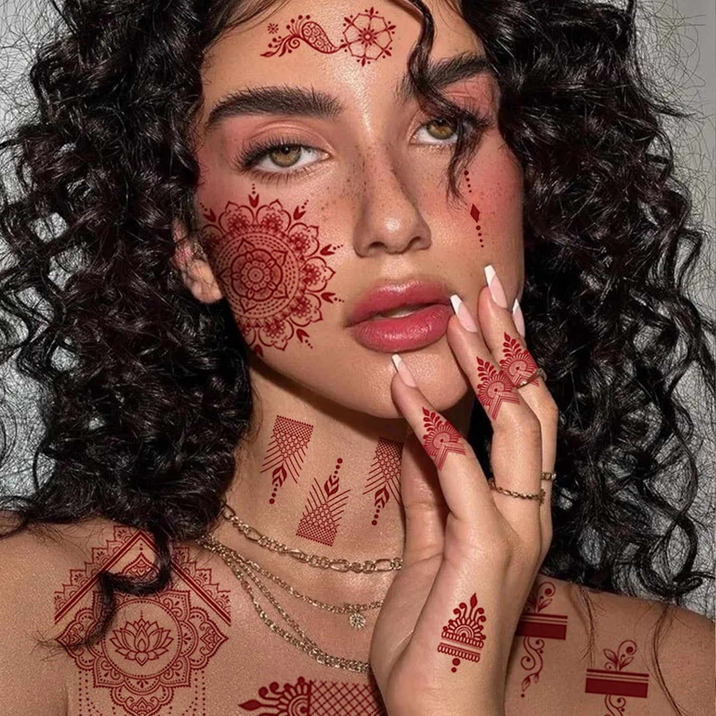 8 Sheets Henna Tattoos Temporary Stickers Waterproof Sexy Women Body Red Brown Party Masquerade Halloween Peacock Lotus DIY Face Arms Legs Art Decoration