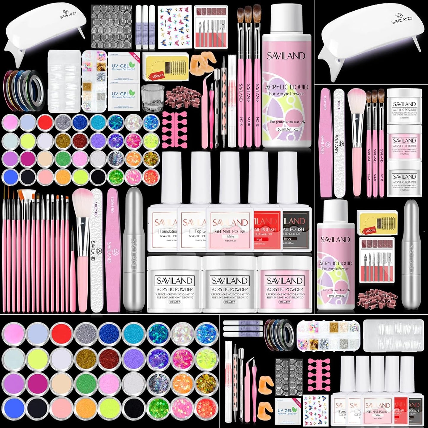 Acrylic Nail Kit with UV Light - HEMA & MMA Free Acrylic Set | Clear, White & Pink Powder, Gel Polish & Manicure Tools