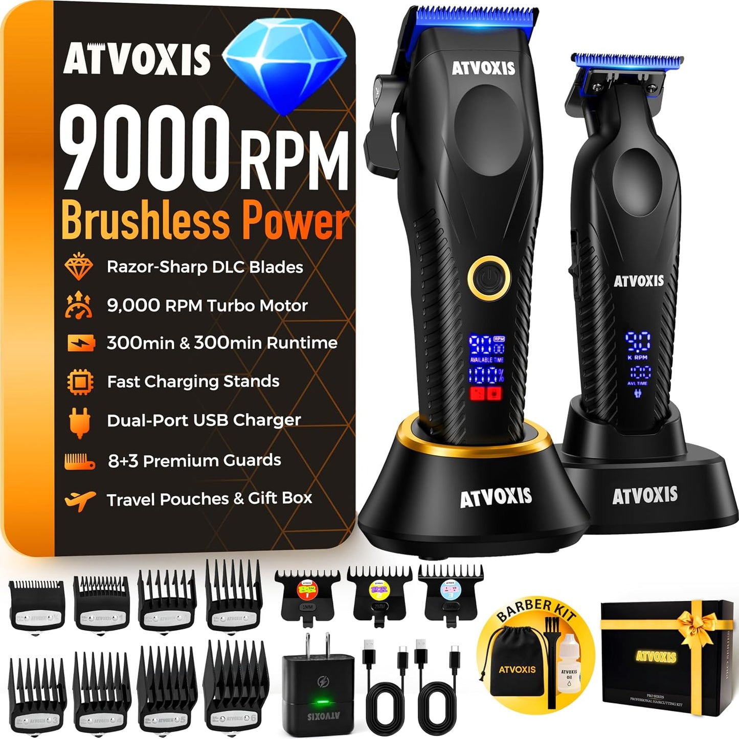 Professional Hair Clippers Set - 9000 RPM Brushless Motor, Cordless Design, Zero Gap Trimmers | Fast Charging, LED Display, Travel Pouch