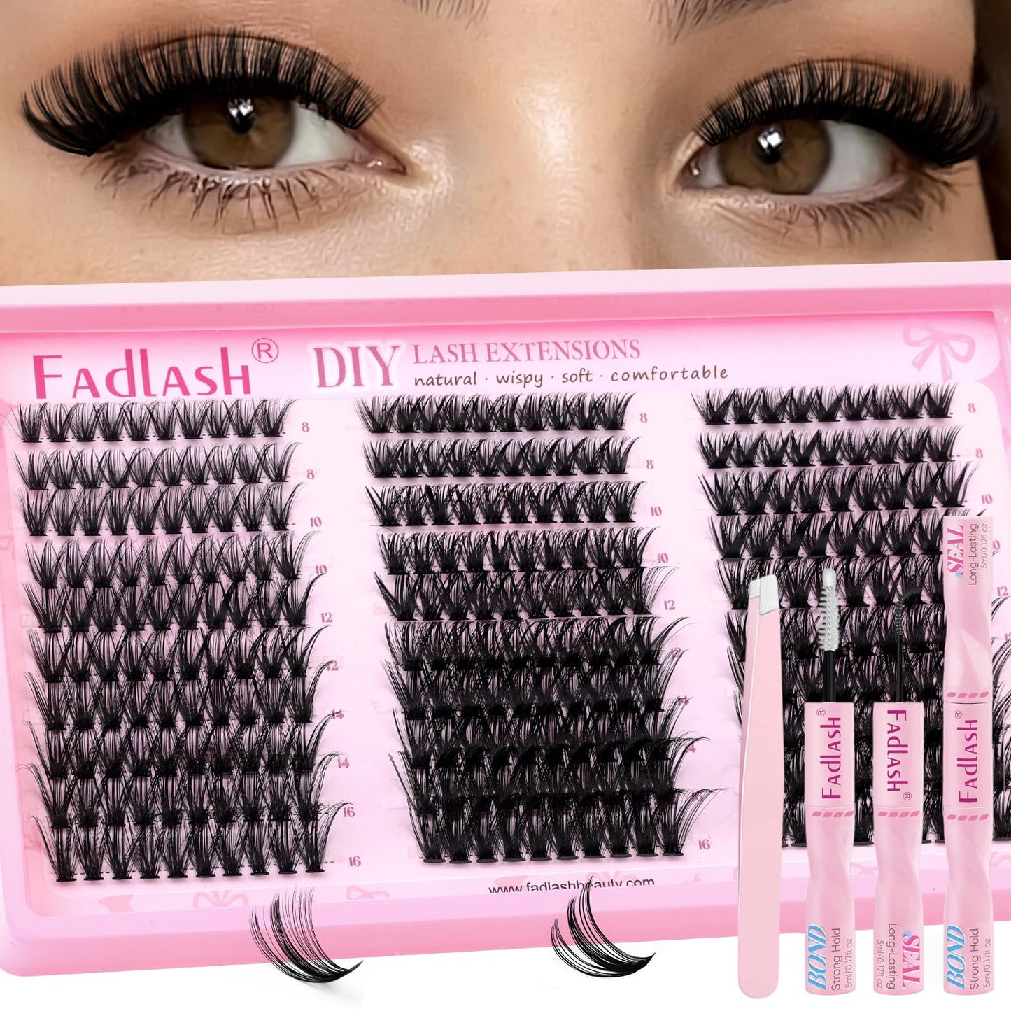 FADLASH Lash Clusters Kit 40D+50D+60D Natural Wispy Eyelash Clusters Kit
