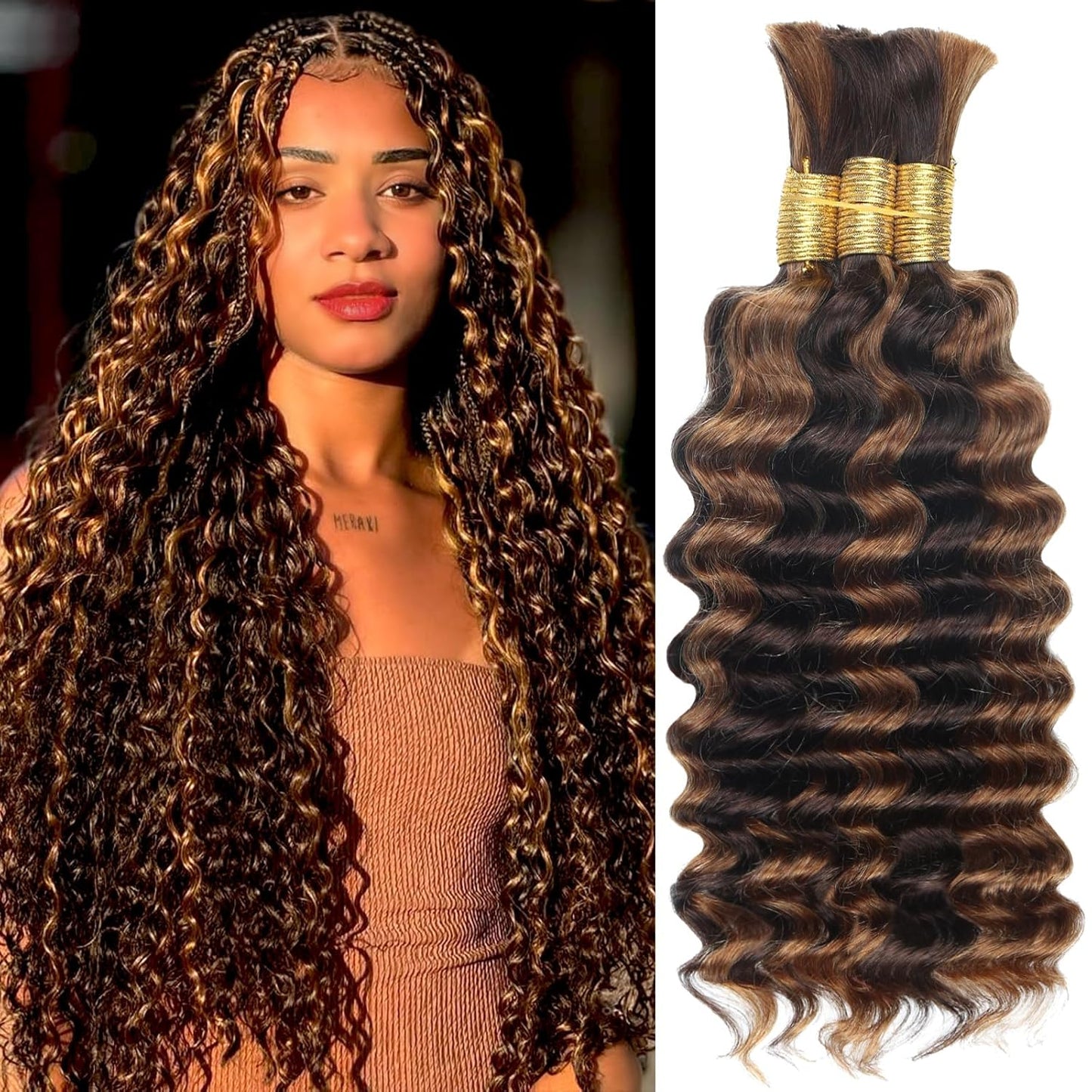 Human Braiding Hair - Ombre Deep Water Wave | 150g 16 Inch Curly Braiding Bundles, 1B/30 Highlights