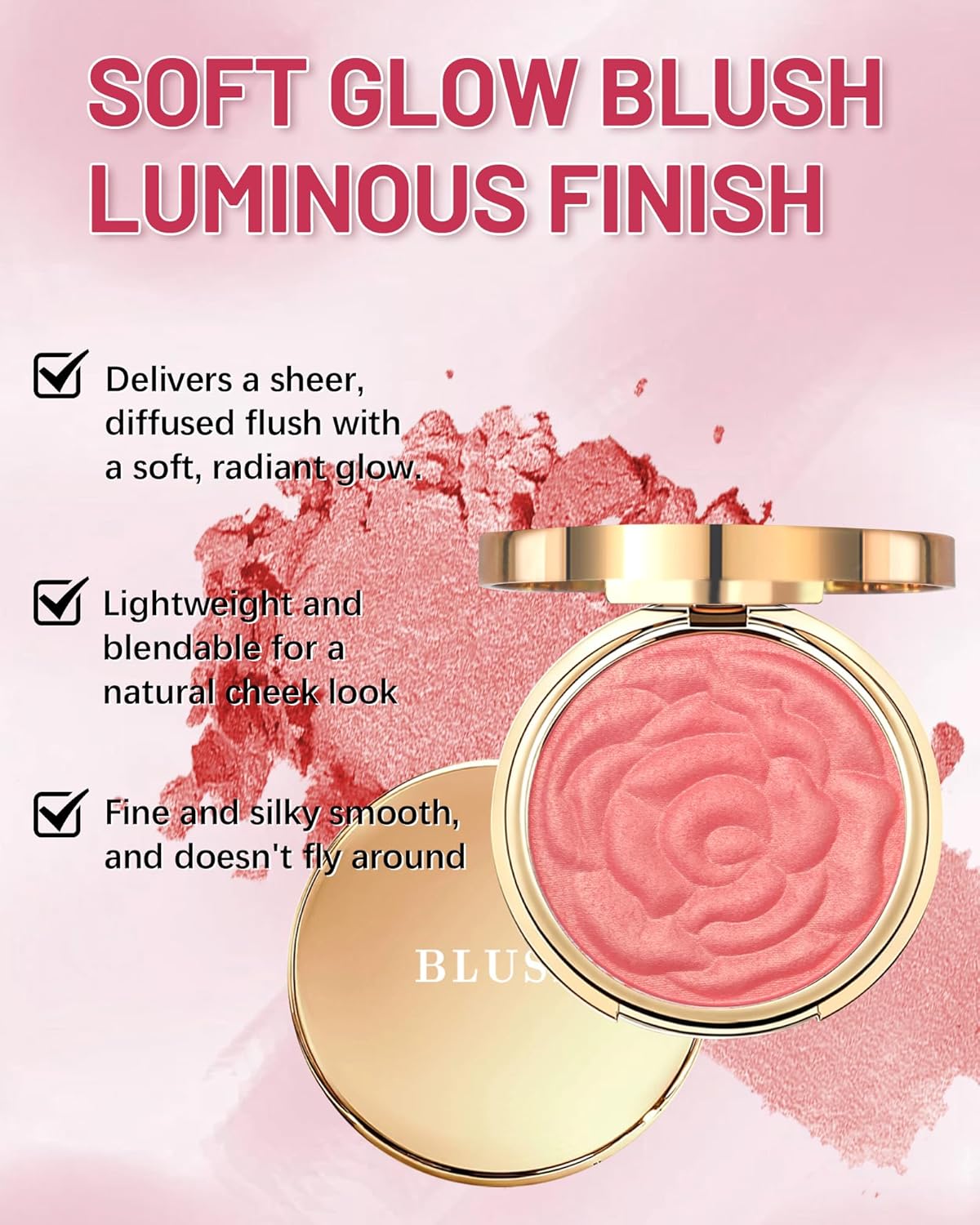 Silky Blendable Pink Blush - Natural Lightweight Powder for a Long-Lasting Glow | Blushing Palette for Mature Skin
