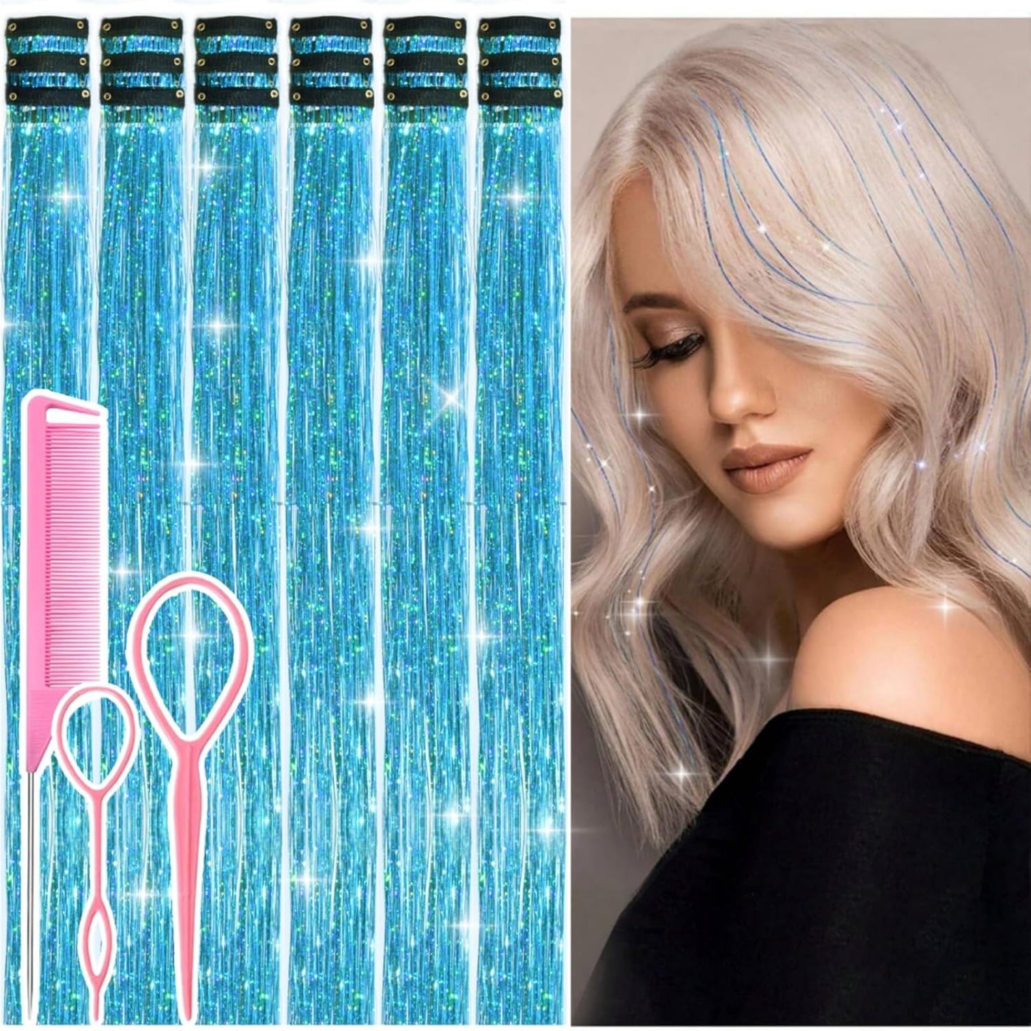 Hair Tinsel Kit - 12 Pcs Colorful Glitter Clip-In Extensions | 24 Inch for Girls, Women & Kids