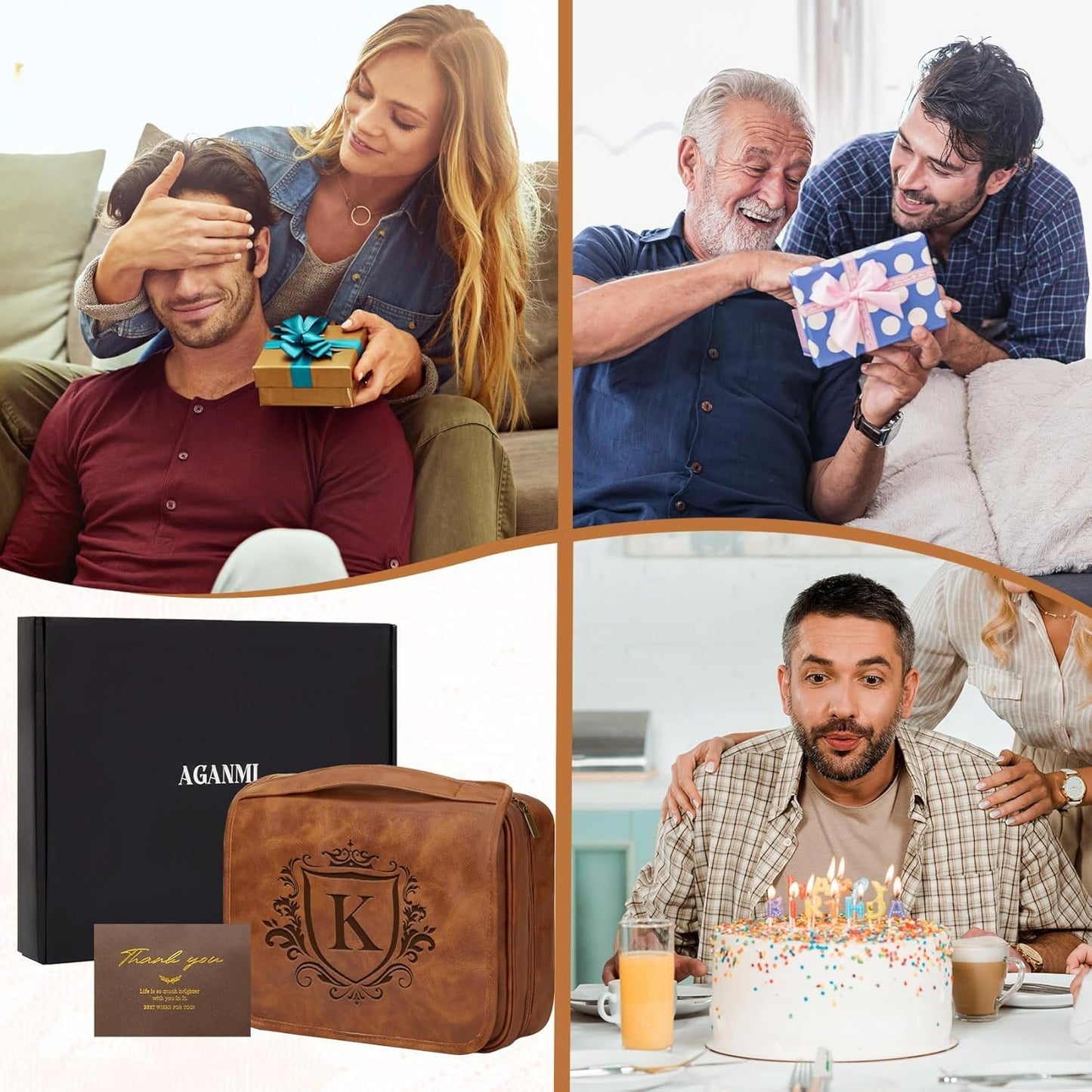 Personalized Toiletry Bag for Men - Large Waterproof PU Leather | 3-in-1 Shaving Kit with Laser-Engraved Initials - Light Brown M