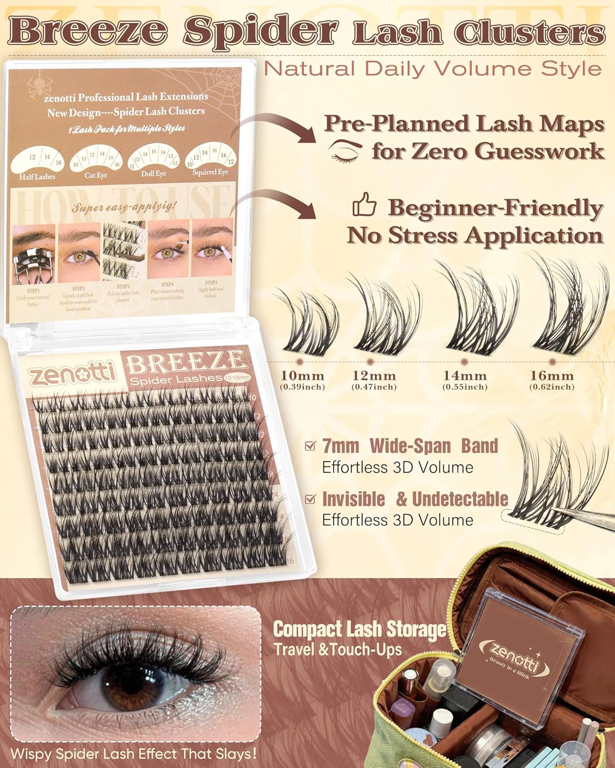 Spider Lash Clusters - Wispy Breeze Natural Eyelash Extensions | D Curl 10-16mm Invisible Band for Daily Wear