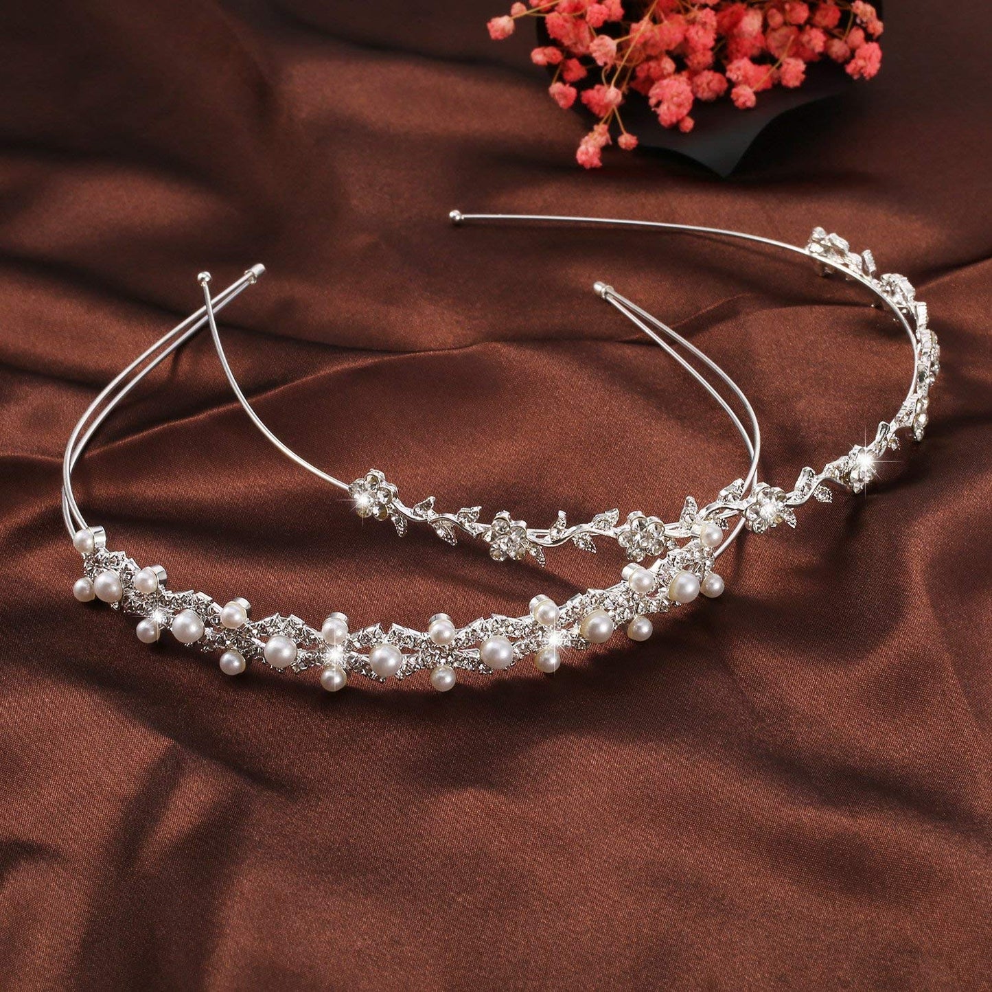 Pangda 2 Pieces Flower Headband for Women Thin Flower Headbands Wedding Headpiece Tiara Hair Accessories Rhinestone Crystal Bands Pearl Leaves Crown for Bridal Bridesmaids Prom First Communion