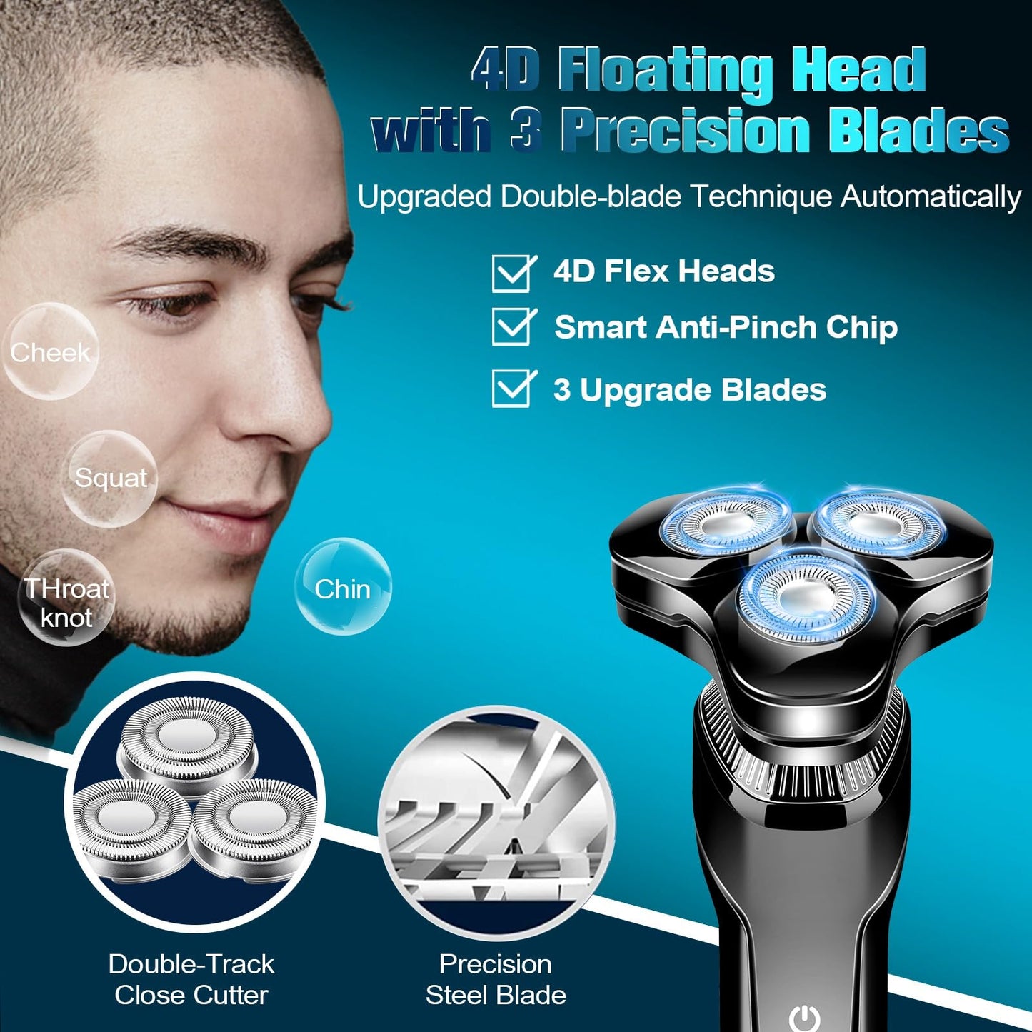 Men's Electric Razor, Upgraded 4D Floating Magnetic Blade Head Rotary Shaver, 3-in-1 Multifunctional for Beard/Nose/Sideburns, IPX7 Waterproof Rechargeable Cordless Shaver, Turbo Speed, Gift for Men