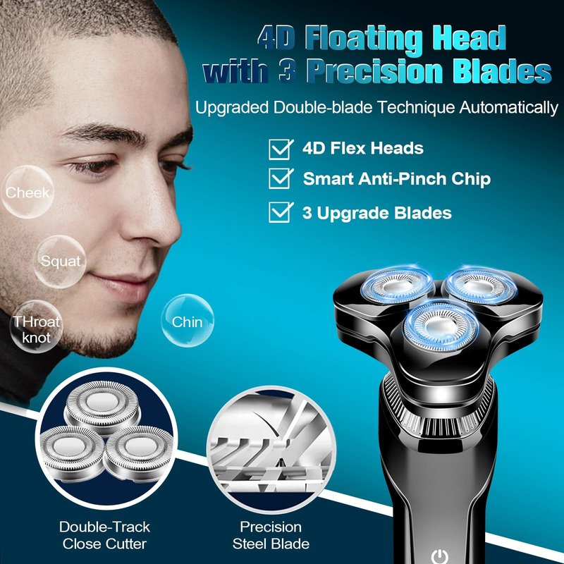 Men's Electric Razor, Upgraded 4D Floating Magnetic Blade Head Rotary Shaver, 3-in-1 Multifunctional for Beard/Nose/Sideburns, IPX7 Waterproof Rechargeable Cordless Shaver, Turbo Speed, Gift for Men
