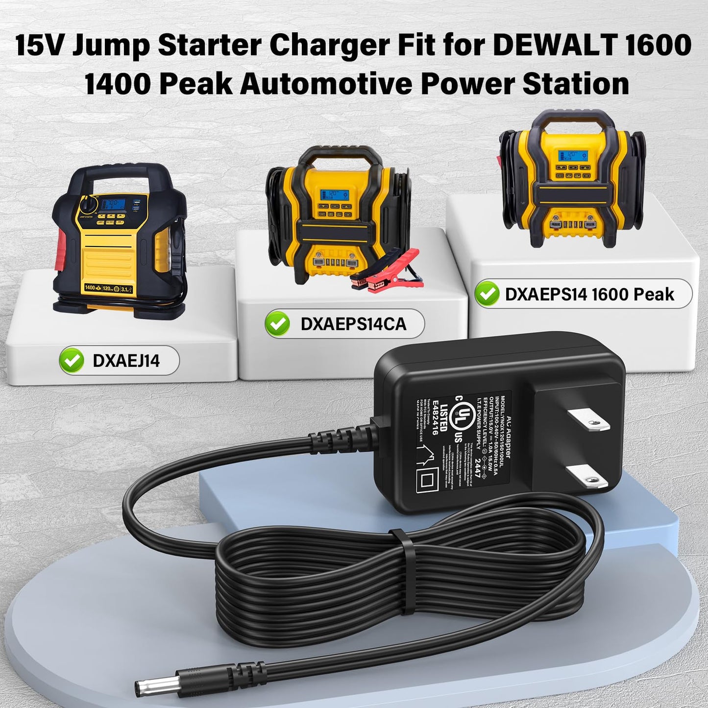 15V Jump Starter Charger for DeWalt DXAEPS14 1600 1400 Peak Portable Car Jump Starter Digital Air Compressor Power Station, Power Cord AC Adapter for DeWalt DXAEJ14 DXAEPS14 DXAEPS14CA 12V 011-2070-4