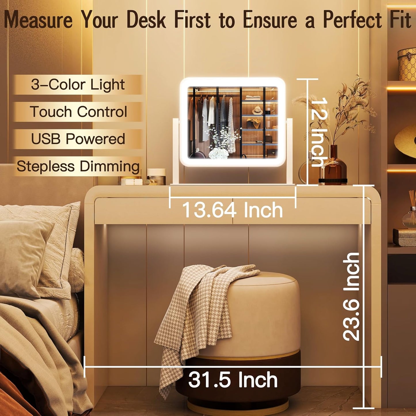 LED Makeup Vanity Mirror with Lights - 3 Color Modes, Dimmable & Memory Function | 12" x 14", White
