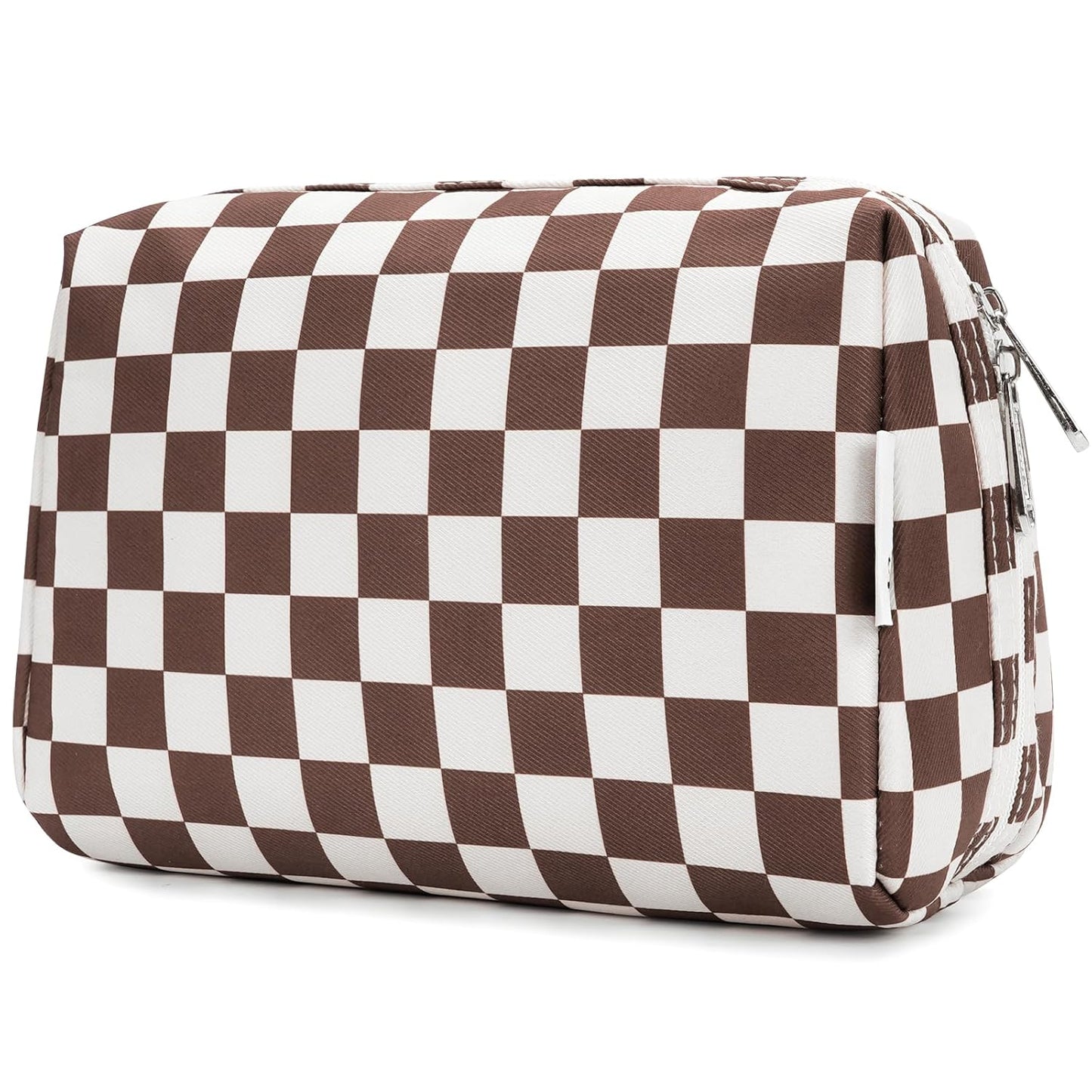 Checkered Makeup Bag - Travel Cosmetic Organizer with Compartments | Large Sky Blue Checkerboard