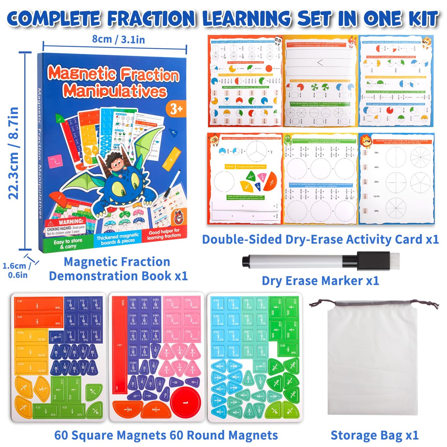 Magnetic Fraction Manipulatives for Kids, Fraction Tiles & Circles Educational Learning Set, Magnetic Fraction with Dry-Erase Practice, Homeschool & Classroom Math Teaching Tool for Elementary Math