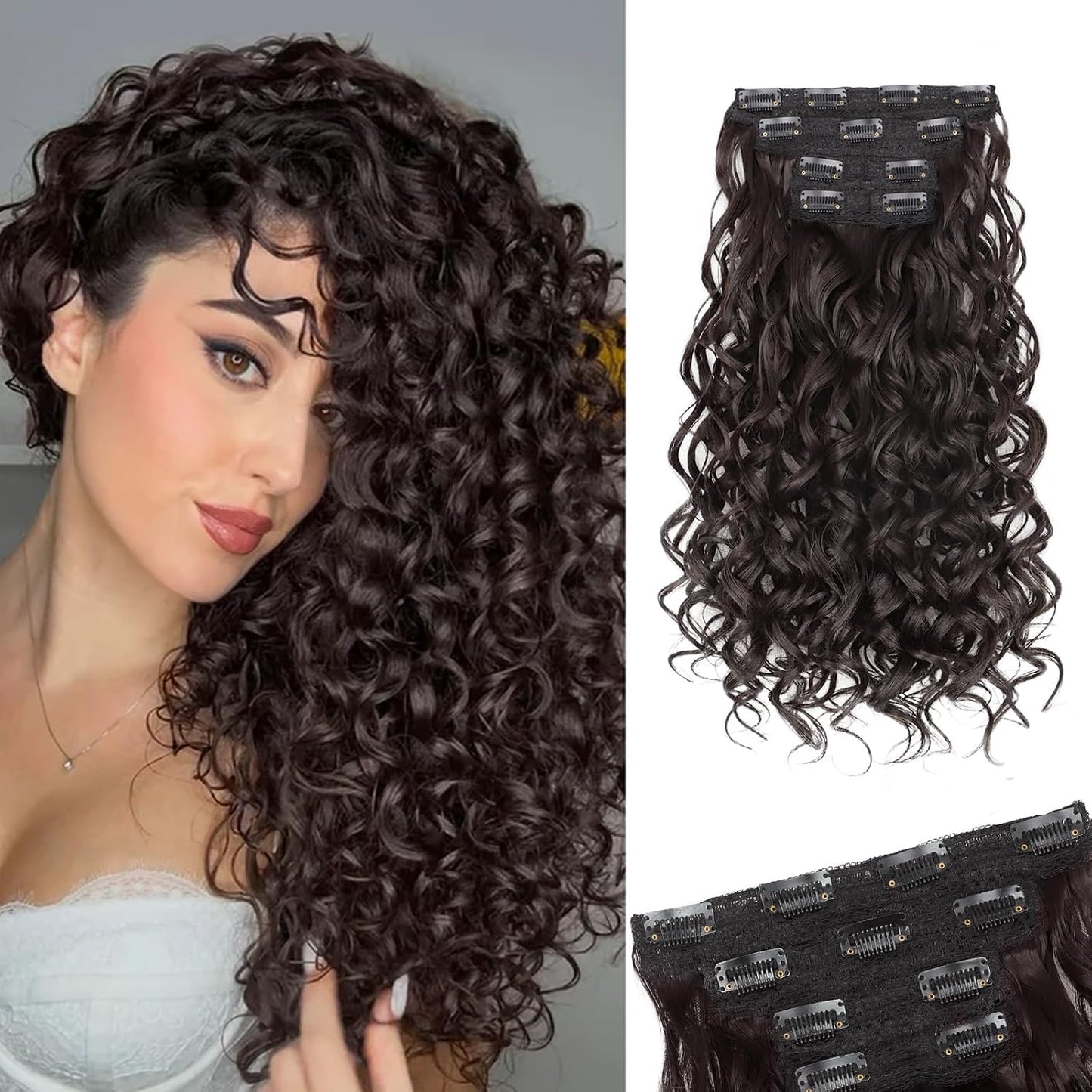 Curly Clip-In Hair Extensions - 20 Inch Thick Natural Synthetic Hairpieces | 4PCS Black