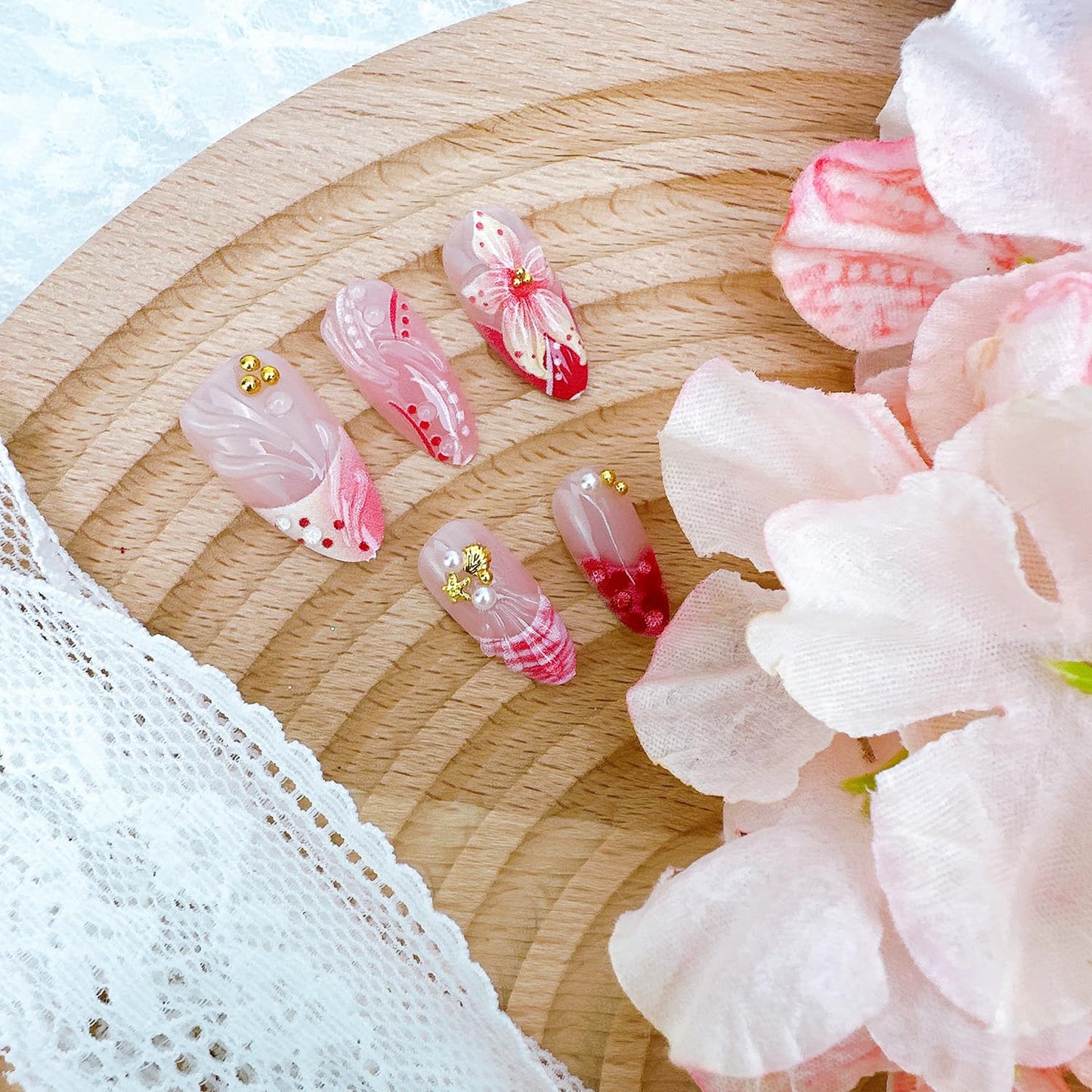 French Tip Press-On Nails - 30pcs Medium Almond Acrylic with 3D Flower & Pearl Design | Reusable Summer Nail Art
