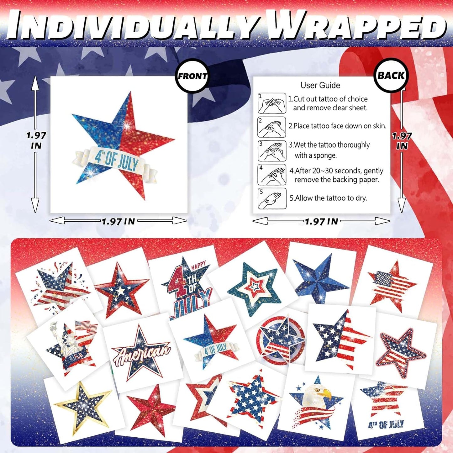 120 Pcs Glitter 4th of July Temporary Tattoos - Waterproof Star Designs for Independence Day Celebration