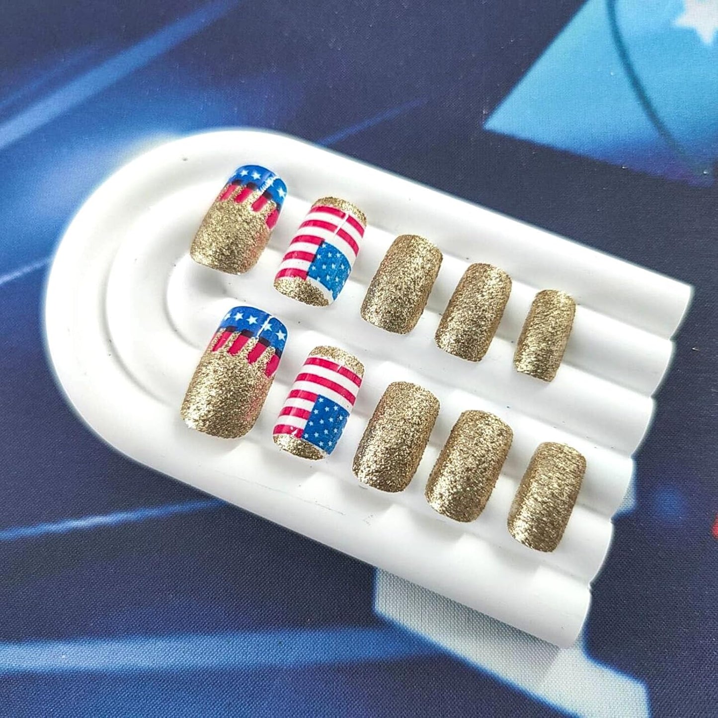 Press On Nails - Medium Square American Flag Glitter Design | 24Pcs Red, Blue & Gold 4th of July Fake Nails