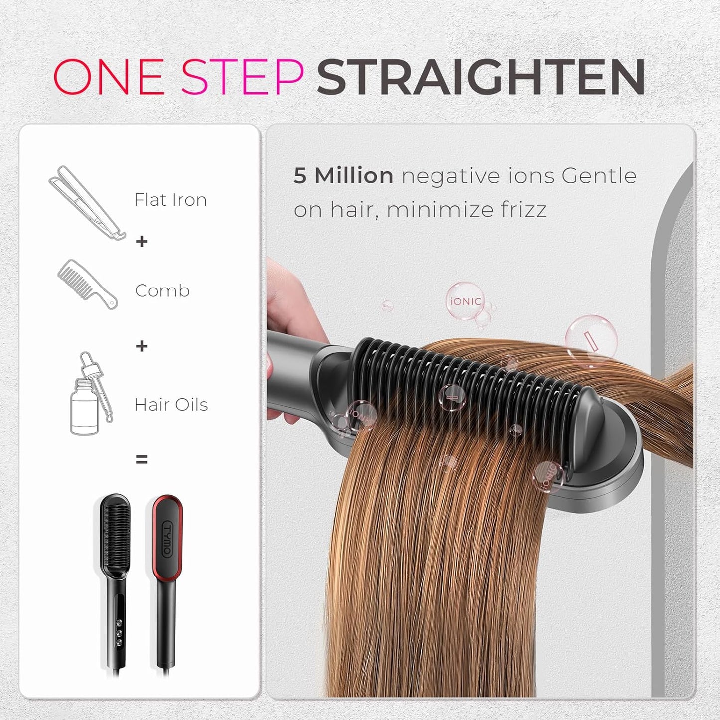TYMO Ring Plus Ionic Hair Straightener Brush - Titanium Coated, 9 Temp Settings, LED Display | Dual Voltage Styling Tool for Women
