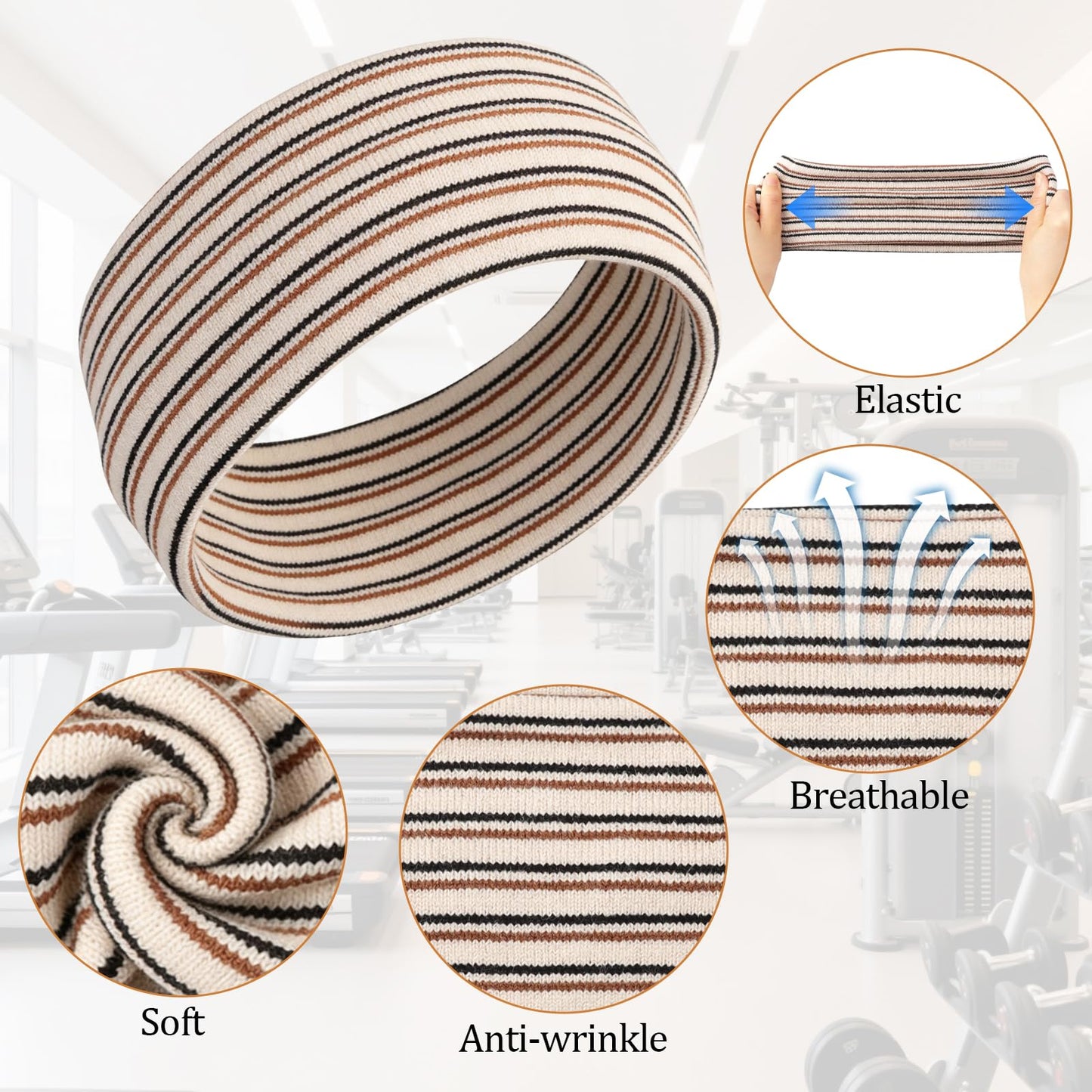 BLMHTWO 3PCS Striped Headbands for Women, Stretchy Elastic Head Bands Soft Fabric Hair Bands Wide Non Slip Head Band for Girls Work Out Yoga Fashion Running Sports (Black, beige)