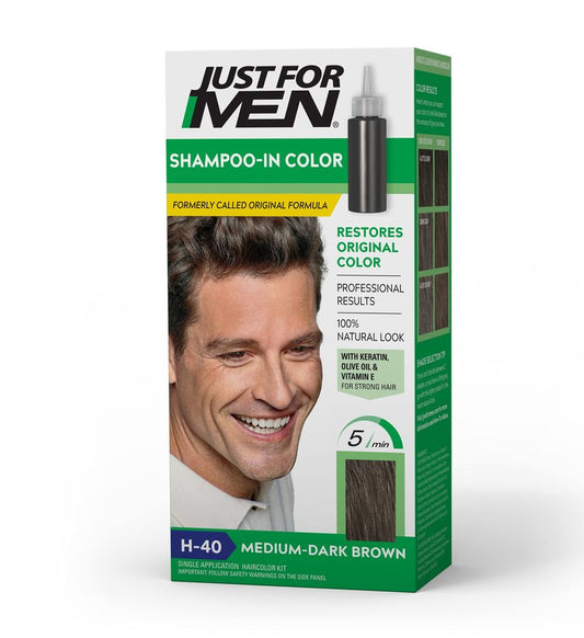 Just For Men Shampoo-In Color (Formerly Original Formula), Mens Hair Color with Keratin and Vitamin E for Stronger Hair - Medium-Dark Brown, H-40, Pack of 1