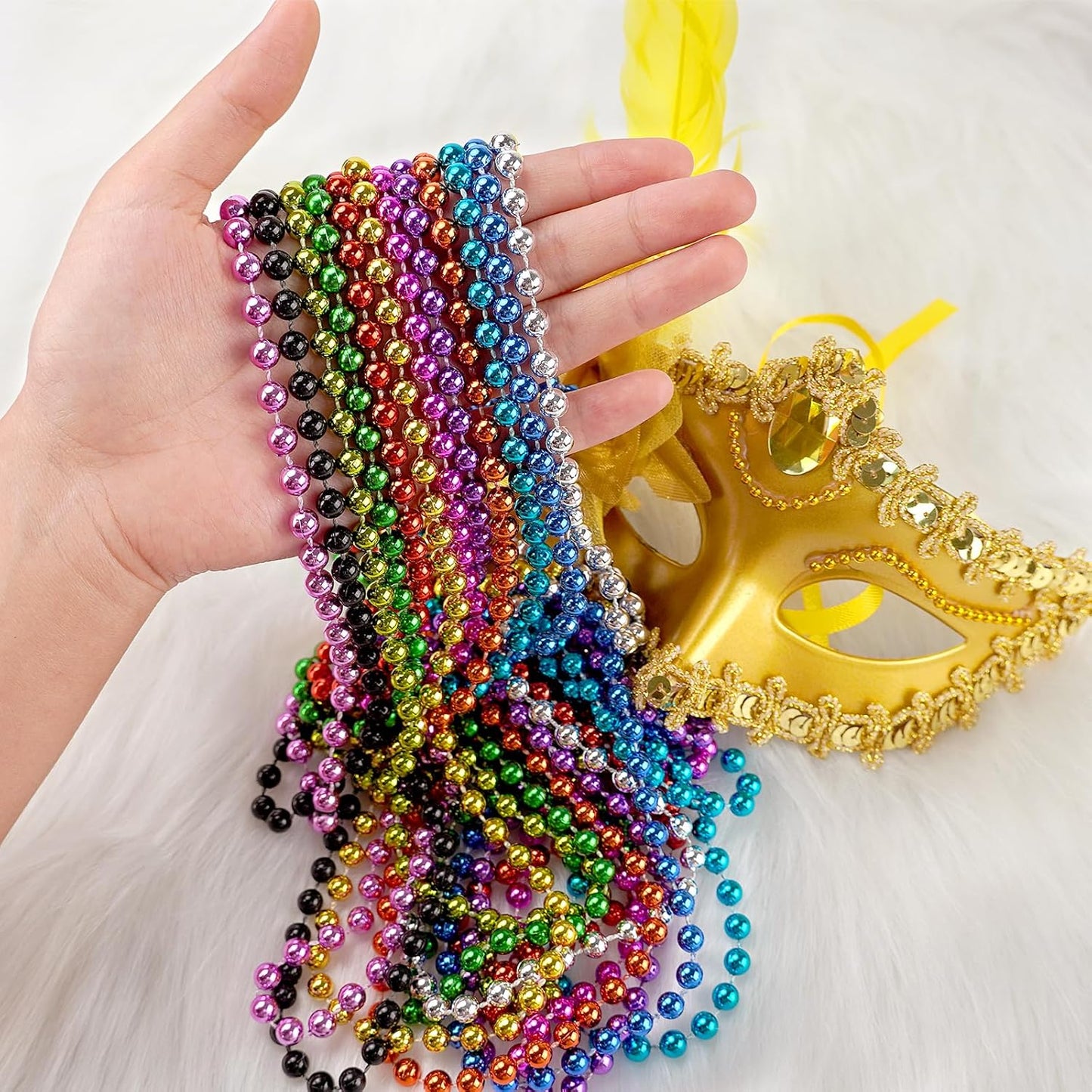 12 PCS Metallic Bead Necklaces - 33'' Round Mardi Gras Jewelry for Festive Events | Christmas & New Year