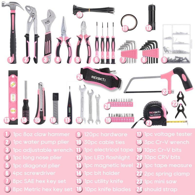 REXBETI 219-Piece Pink Tool Set, Ladies Hand Tool Set with 16 inch Tool Bag, Women Home Repairing Tool Kit, Large Mouth Opening Tool Bag with 19 Pockets, Perfect for Home Maintenance and Daily Use