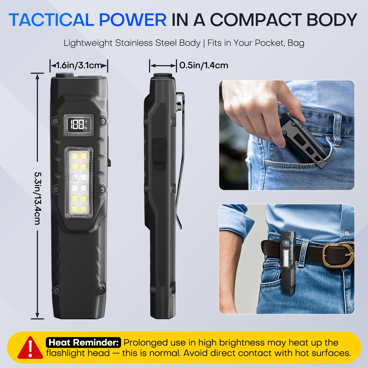 EDC Tactical Flashlight,1500 Lumen Flat Flashlights Rechargeable,Dual-Switches LED Small Flashlight with Digital Display,Stainless Steel 8 Modes Pocket Flash light for Home, Camping,and Emergency Use