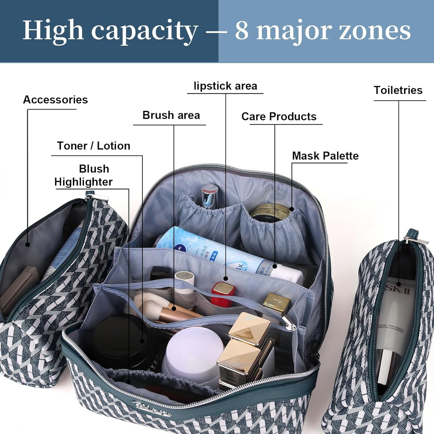 Travel Makeup Bags for Women - Large Capacity Vegan Leather Cosmetic Bag Set of 3 | Waterproof Toiletry Organizer (Royal Blue)