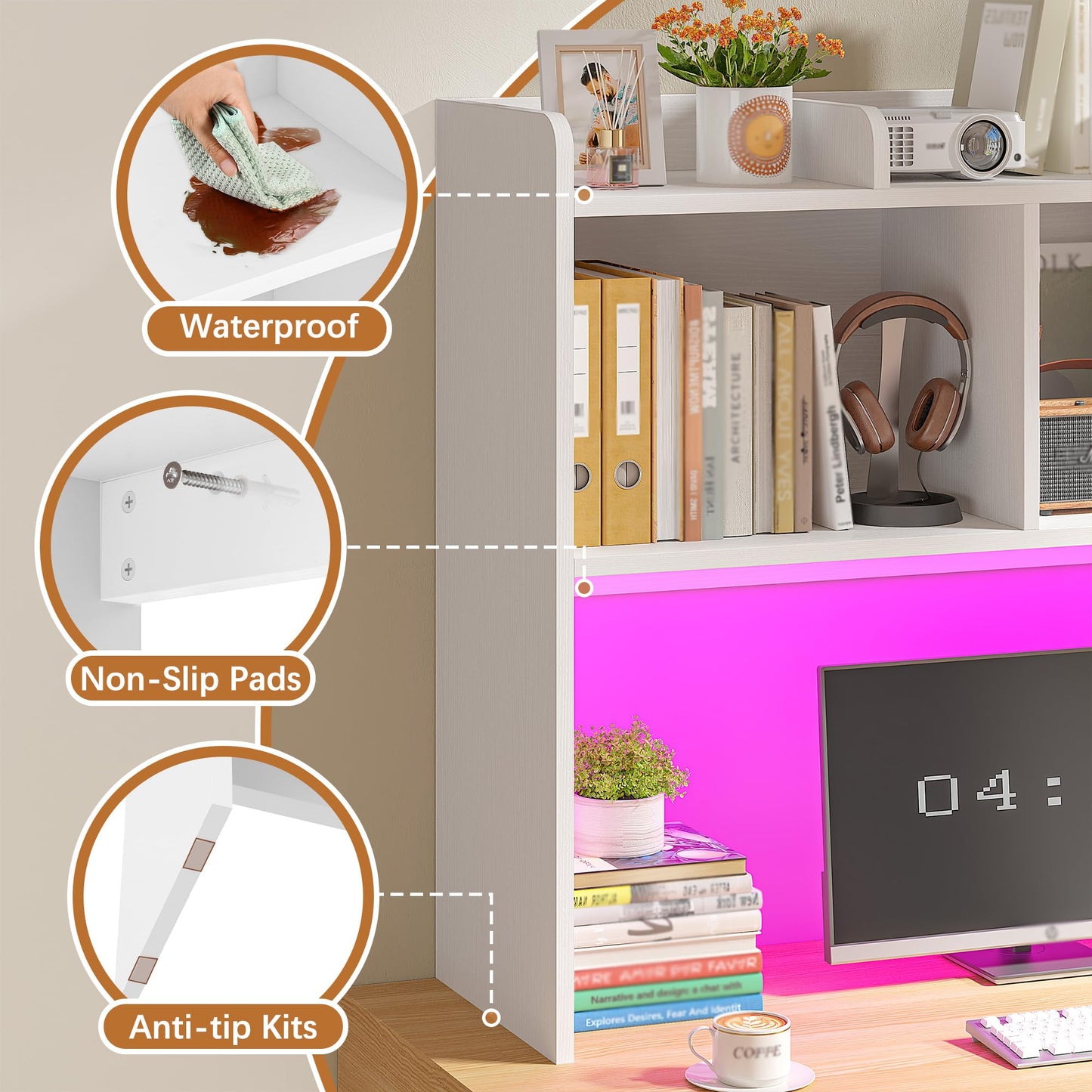 REIBII Desk Hutch Dorm for Computer Monitor Up to 27", Dorm Desk Hutch Top Only with RGB Light Strip, Wooden Desktop Bookshelf with 6 Shelves, 3-Tier Desktop Shelf for Home Office Dorm, White