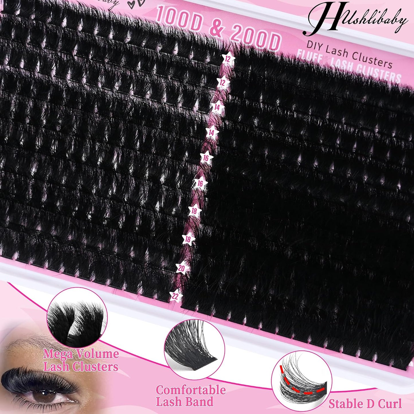 Lash Clusters - 100D & 200D Mega Thick Wispy Volume Lashes | 12-22mm, 280 Pcs Plant Fiber DIY Eyelash Extensions