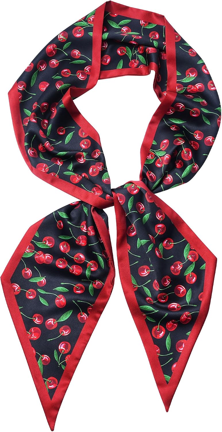 Cherry Head Scarf for Women - Long Thin Satin Hair & Neck Wrap | Fashion Accessory