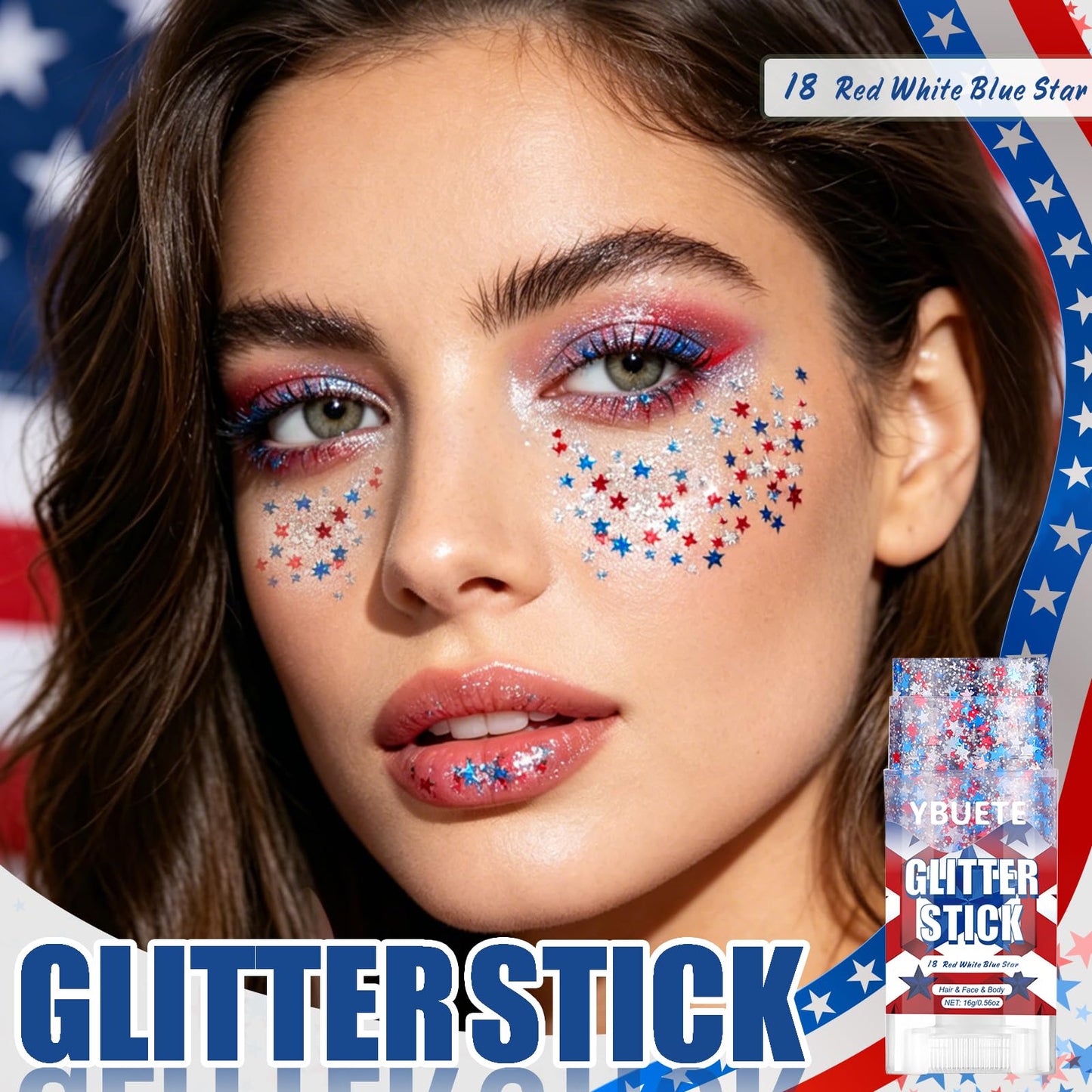 YBUETE Red White Blue Star Face Body Glitter Stick, 4th of July Glitter, Patriotic Makeup USA Flag Accessory for Independence Day, Memorial Day, Veterans Day, Sparkling Makeup for Adult