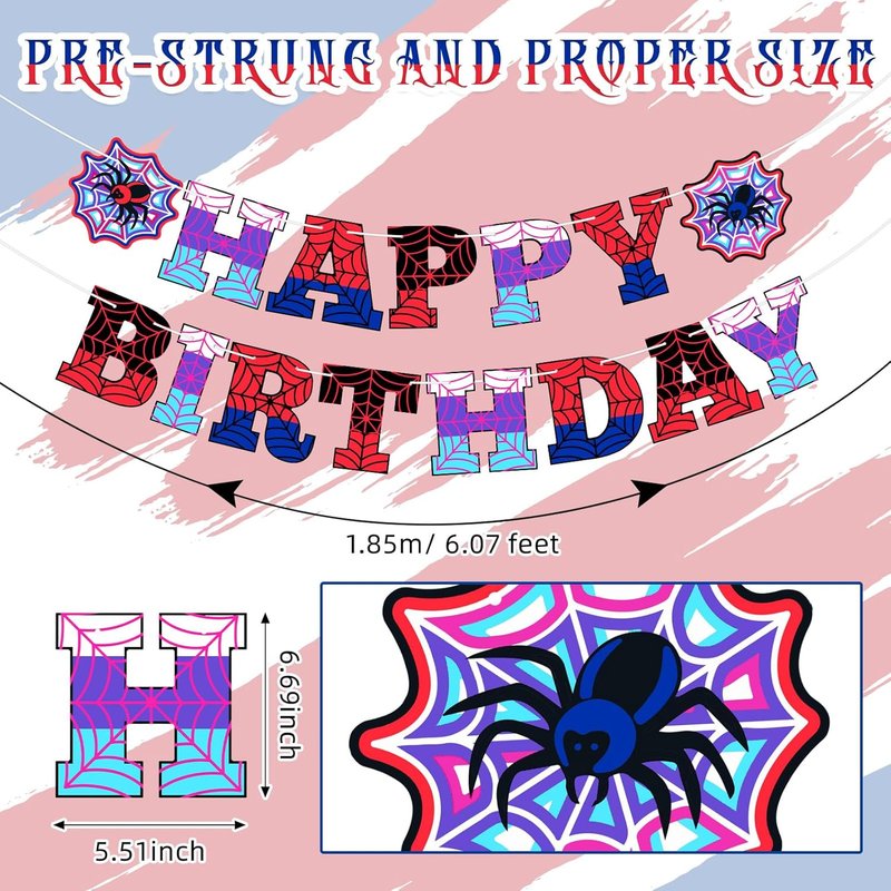 Spider Theme Birthday Banner - Pre-Strung Decorations for Kids' Parties | Red, Purple, Blue