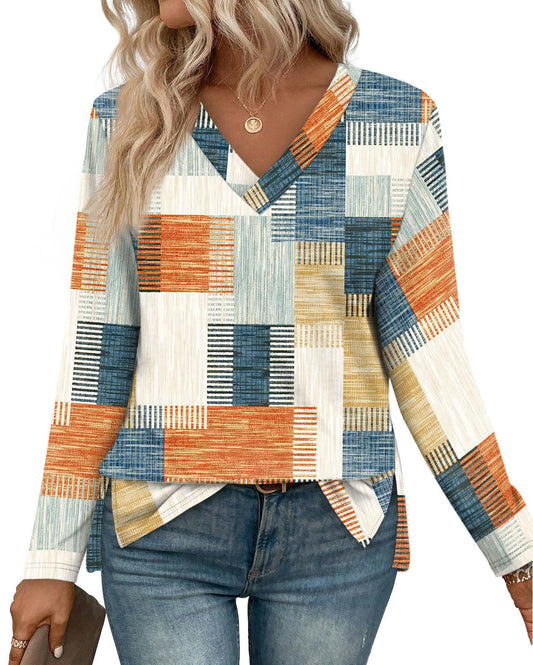 WIHOLL Long Sleeve Shirts for Women V Neck Casual Tops V Neck Fall Clothes 2025 Fashion