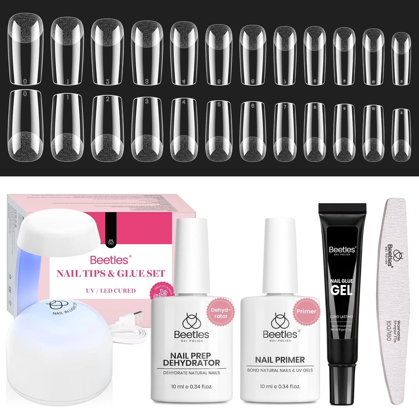 Beetles Gel Nail Kit Medium Square Gift Spree, with Dehydrator and Primer, 576Pcs Half Matte Etch-X Gel Nail Tips Solid Nail Glue Mini Lamp Acrylic Tips Easy DIY Extension Set Gift for Women