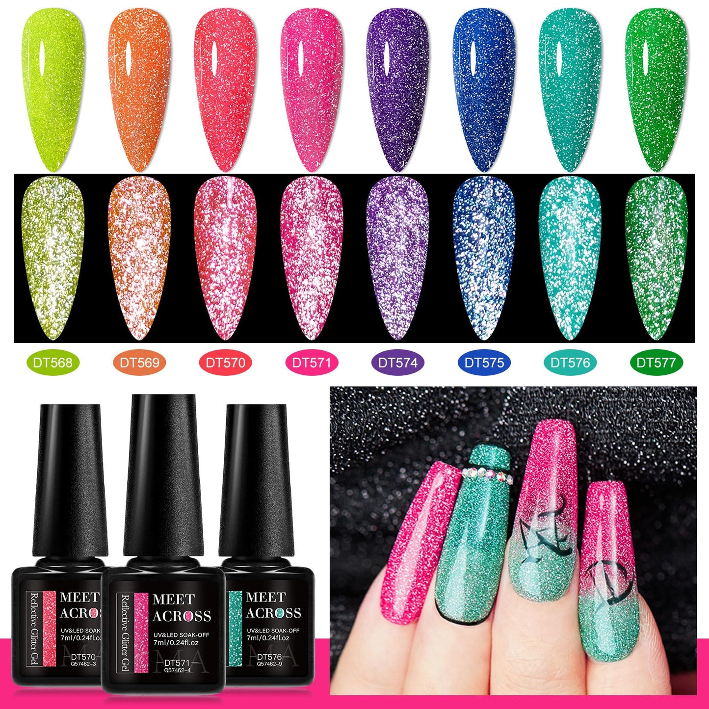 MEET ACROSS 8Pcs Neon Glitter Gel Nail Polish Set, Fluorescent Gel Polish Pink/Lavender/Orange/Green Fluorescent Shades Nail Polish for Daily & Holiday DIY Salon