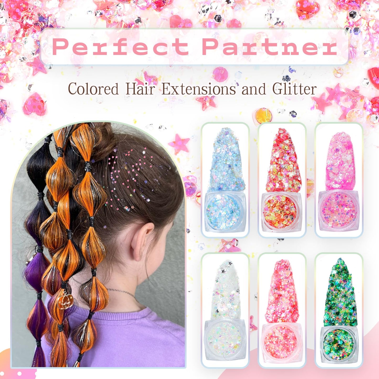 Colored Hair Extensions, 22 Inch Straight Clip in Hair Extension Body Face Hair Glitter Multi Color Rainbow Pink Red Hairpiece Extensions