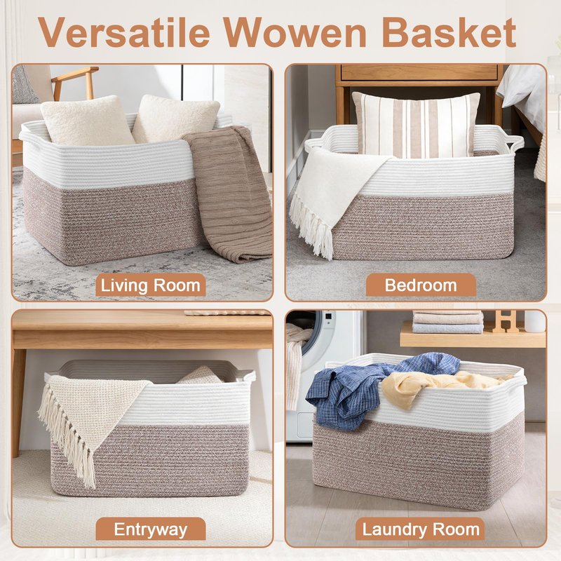 75L Extra Large Blanket Basket for Living Room - Cotton Rope Laundry Hamper Woven Baskets XXL Storage Bin with Handles for Dirty Clothes, Kids, Pets, Toys, Bedroom, 22" x 17" x 12", White & Brown