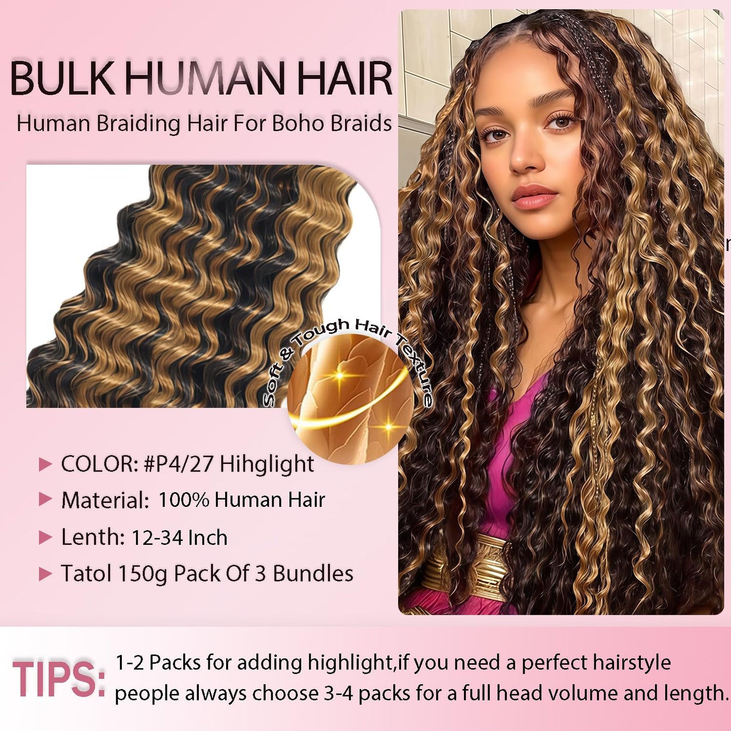 P4/27 Highlight Boho Hair for Braiding 150g 3 Bundles 16 16 16 Inch Highlight Brown Deep Wave Bulk Hair P4/27 Curly Human Hair Extensions for Braids Wet and Wavy Braid