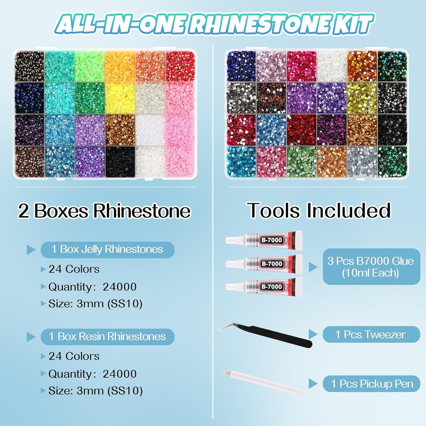 Resin Jelly Rhinestones Kit - 48000 Pcs 48 Colors Flatback Gems for Bedazzling | Includes B7000 Glue & Tools for DIY Crafting