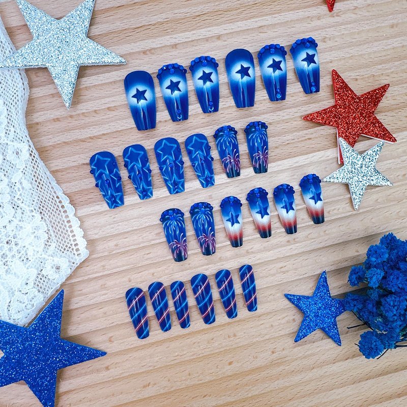 24Pcs 4th of July Press-On Nails - Medium Square Acrylic Nails with Blue Rhinestones & Patriotic Star Designs | Independence Day Full Cover