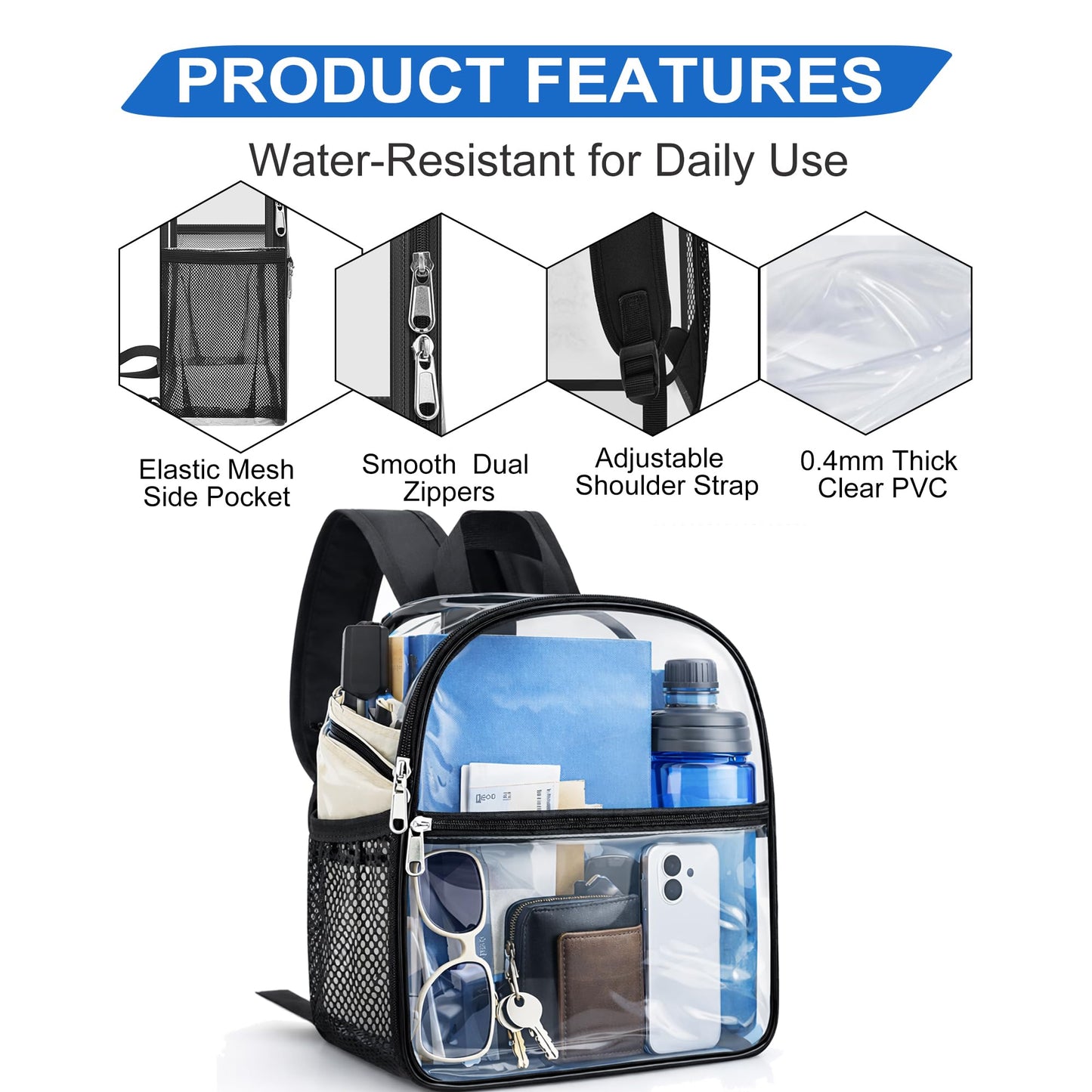 Oraben Clear Backpack Stadium Approved, Clear Bag 12 x 6 x 11 in, Small Transparent Backpack for Concerts, Sports Events, Festivals, Waterproof, Adjustable Straps, Women Men