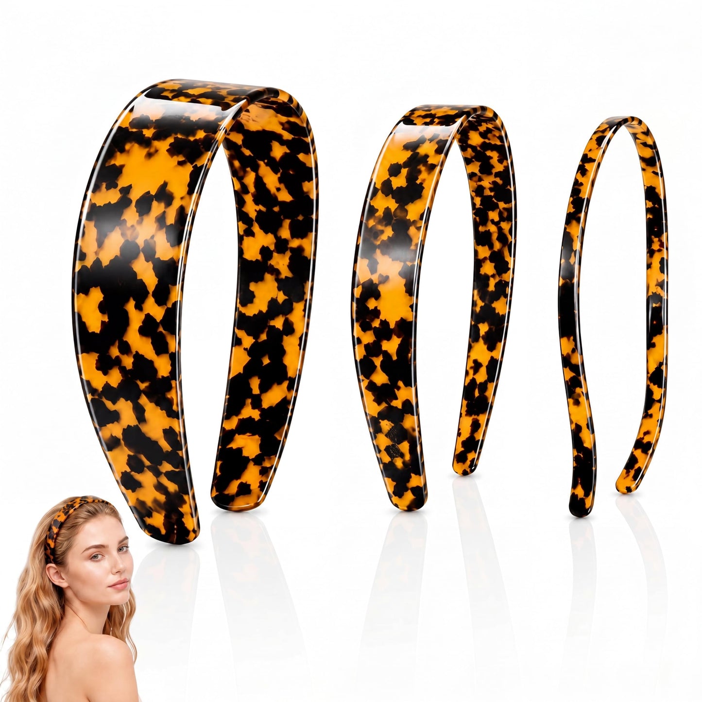 Wavyknot 3 Pack Tortoise Shell Acetate Headbands for Women Different Widths (0.4", 1", 1.5") Non Slip Teeth Dark Tortoise Hair Bands Classic Retro Hair Accessories for Daily, Makeup Use