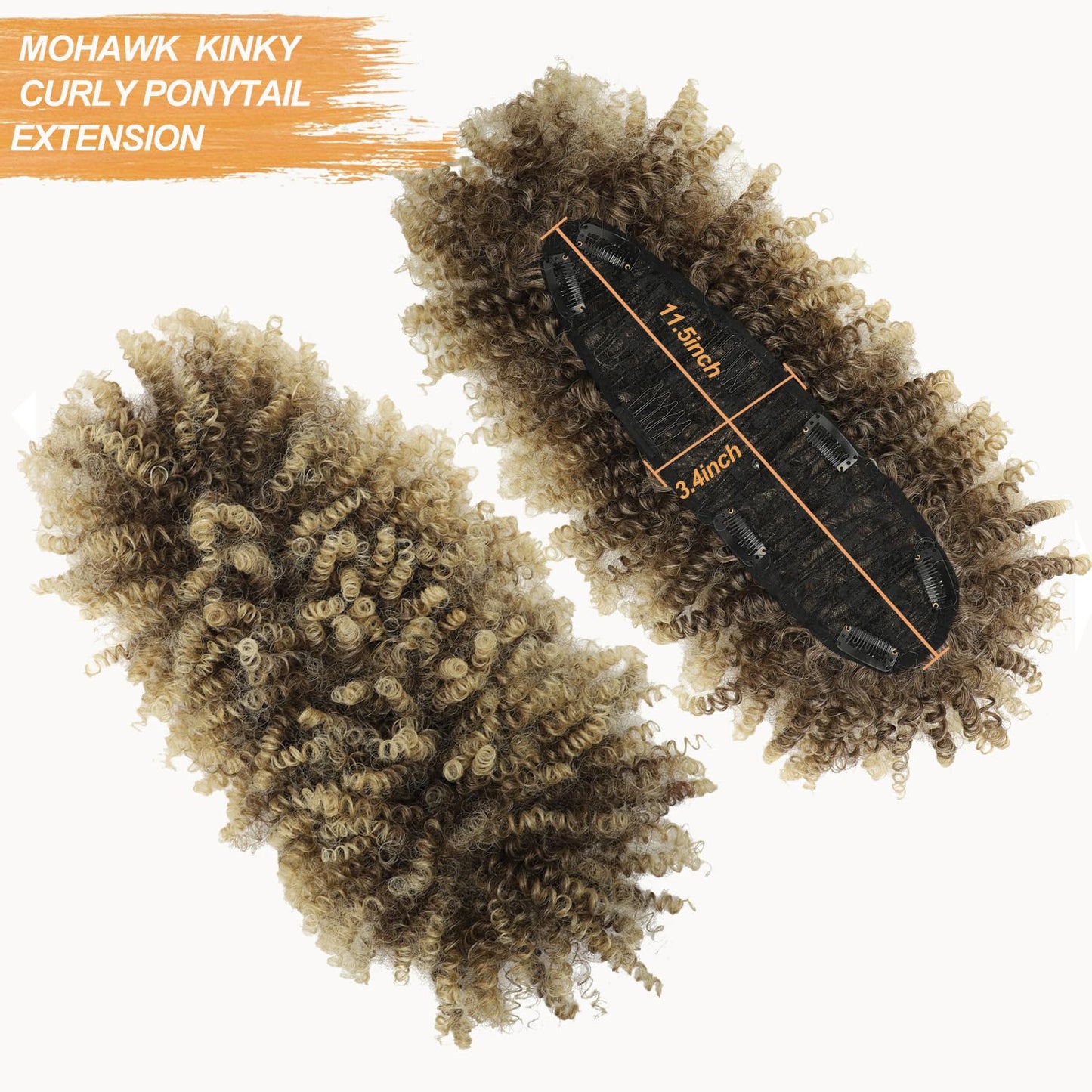Jadeadyseg Mohawk Wig Kinky Curly Dark Brown Mix Blonde Ponytail Extension with Bangs,Short Curly Synthetic Clip in Mohawk Ponytail with Six Clips and Two Combs Fluffy Hair for Daily Party Use 4/613