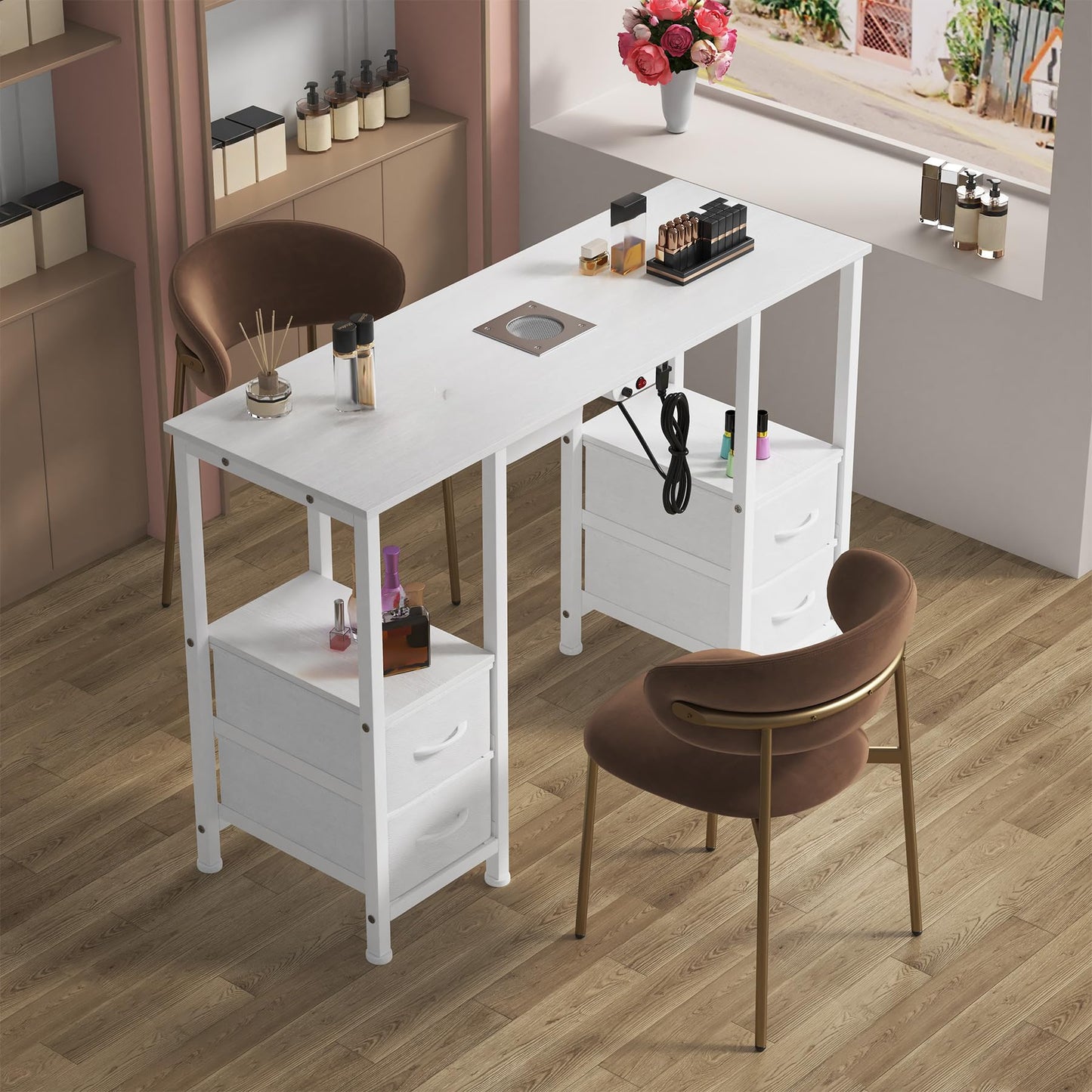 WODRAWER Manicure Table for Nail Tech, Nail Tech Table Station w/4 Storage Drawers & 2 Open Shelves, Nail Table w/Dust Collector for Beauty Salon Tech Station (White)